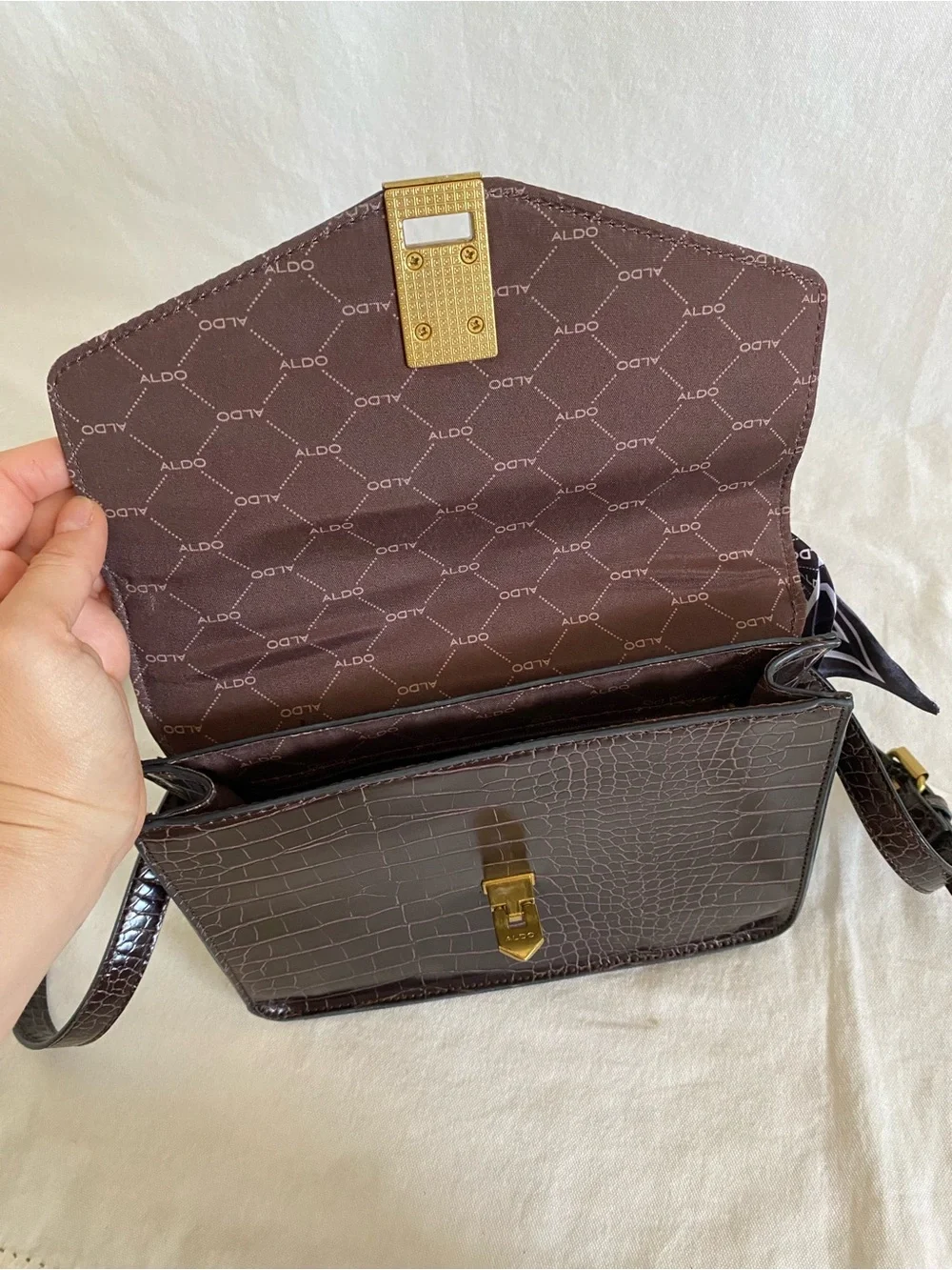 Aldo Brown croc-embossed structured top-handle satchel / crossbody bag